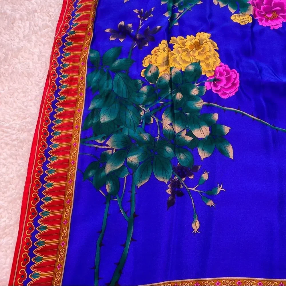 Floral Square Blue and Red Scarf Small